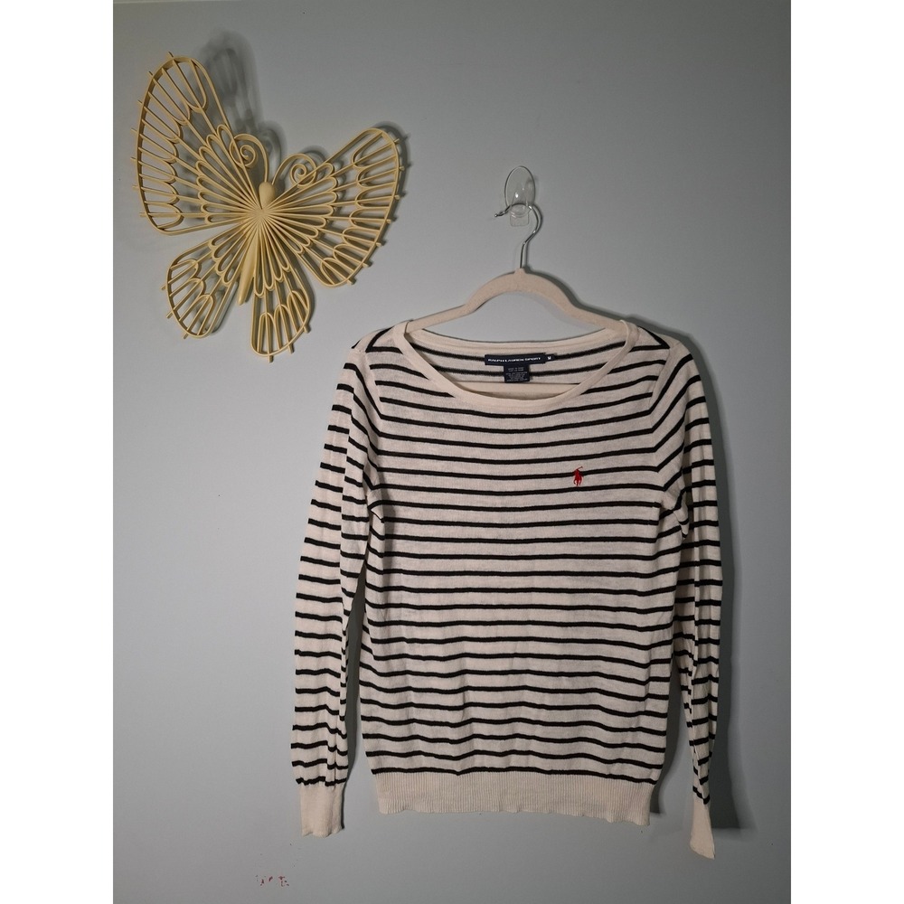 Ralph Lauren Sport Womens Medium Striped Cotton Linen Knit Sweater Navy White